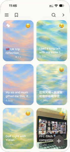 Breeze journal grid with saved entries and mood icons