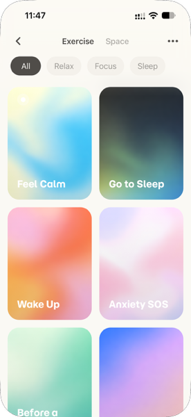 Breeze exercise collection with Relax, Focus and Sleep filters