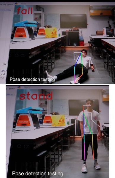 Fall-detection tests showing falling and standing poses
