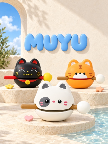 Approved MUYU mobile banner with three figures beside a pool