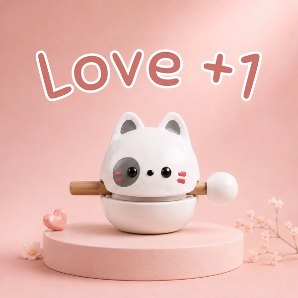 MUYU cat-shaped figure on a pink pedestal beneath Love +1 lettering